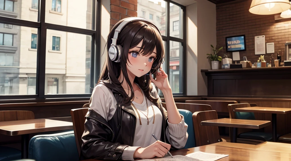 Girl with headphones enjoying music in a cafe　I am studying　Emphasize a little bit of the chest