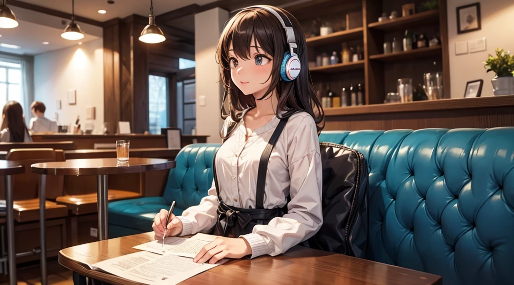 Girl with headphones enjoying music in a cafe I am studying Emphasize a little bit of the chest