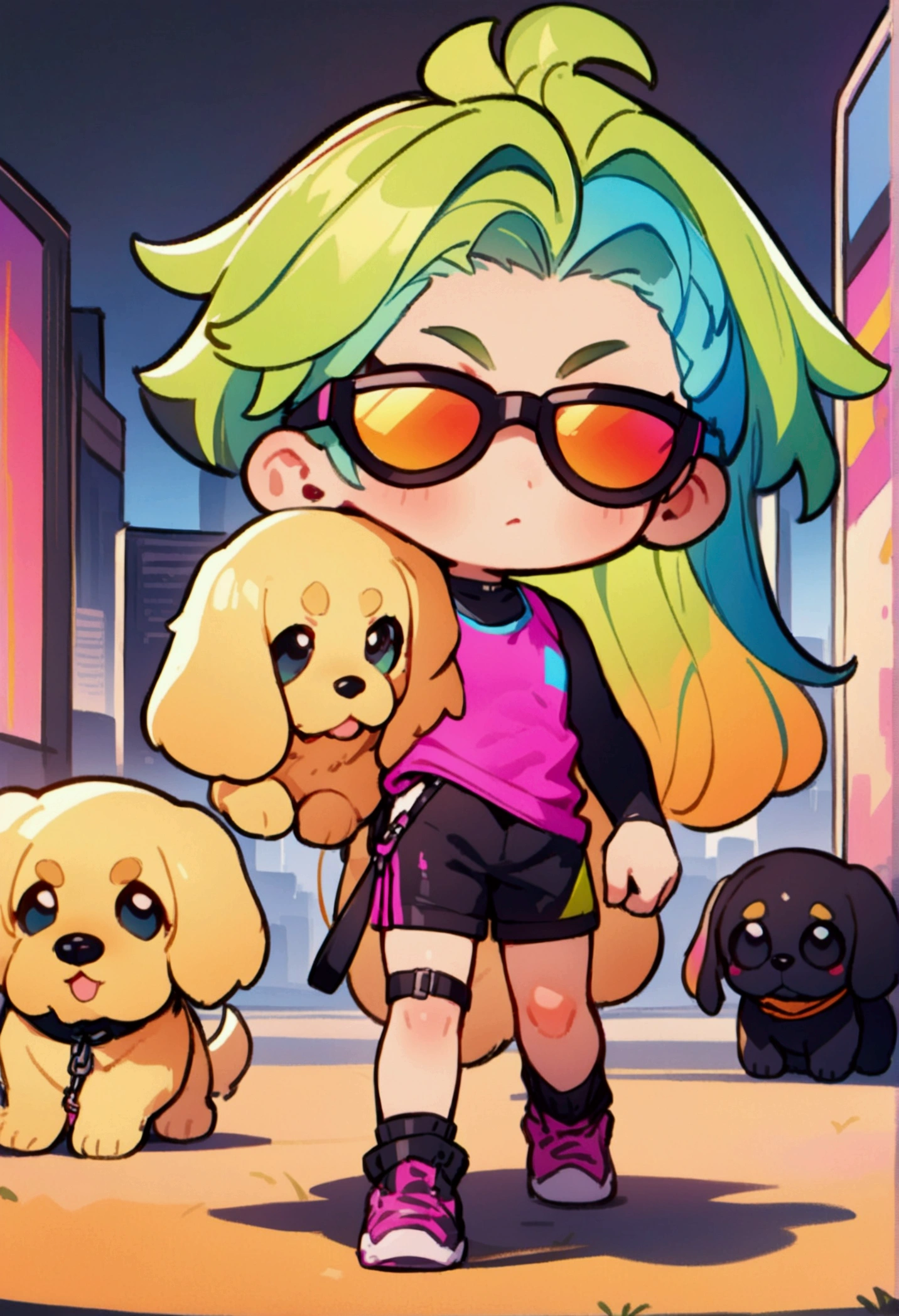chibi style, best quality, masterpiece, 8K, HD, young man, wearing neon colored sports tank top and tight booty shorts, wearing sunglasses, a black puppy and a golden retriever puppy in front of him pull him by their leashes, in a park, modern city in the background, front view, full body, zoomed out, vibrant colors, highly detailed