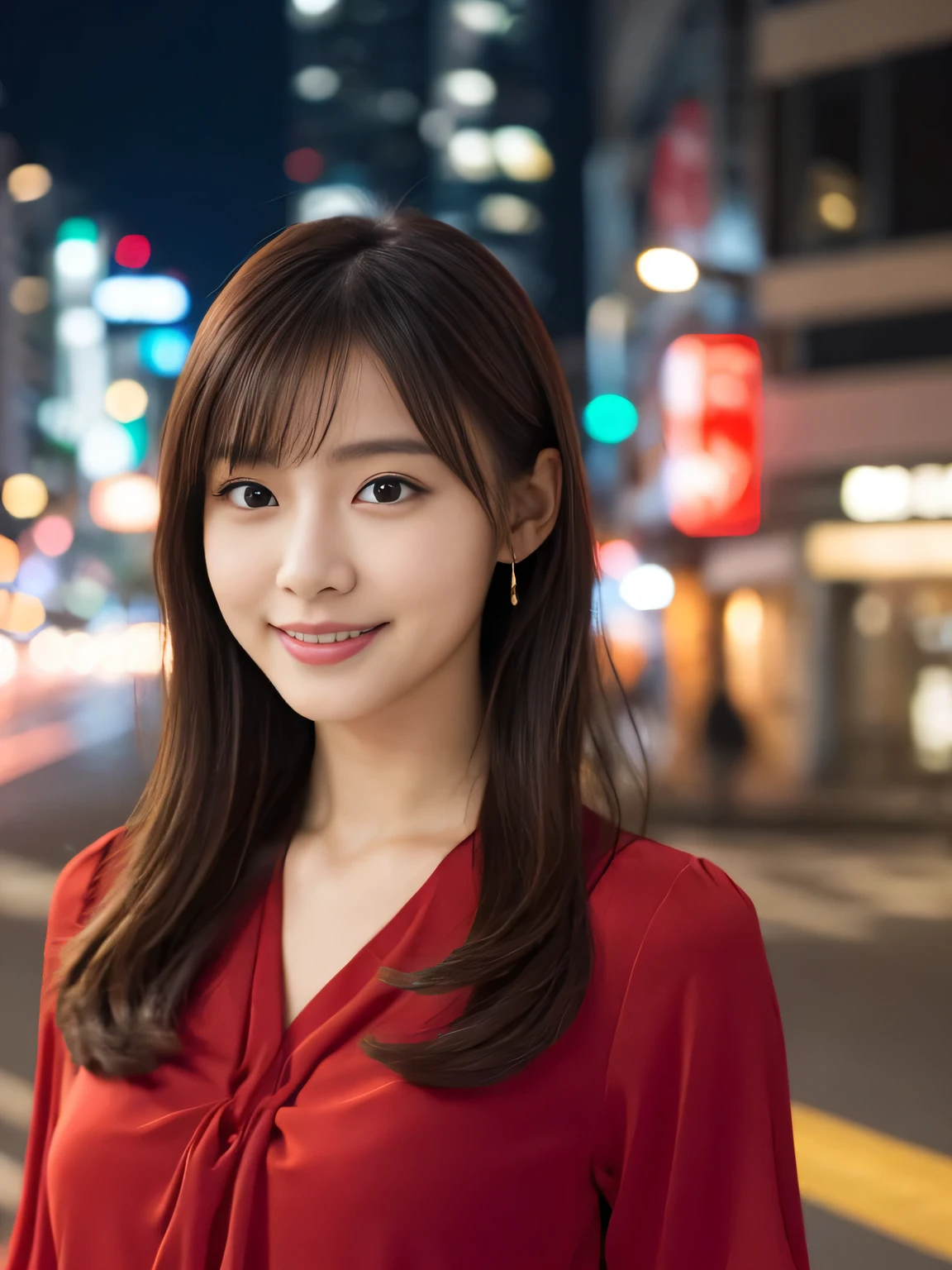 1 girl, (wearing a red blouse:1.2), Beautiful Japan actress,
(RAW photo, highest quality), (realistic, Photoreal:1.4), masterpiece,
very delicate and beautiful, very detailed, 2k wallpaper, wonderful,
finely, Very detailed CG Unity 8K 壁紙, super detailed, High resolution,
soft light, beautiful detailed girl, very detailed目と顔, beautifully detailed nose, beautiful and fine eyes, long hair, normal size cheist,
cinematic lighting, Against the backdrop of the cityscape at night, city lights, perfect anatomy, slender body, smile, (looking at viewer), Random body orientation,