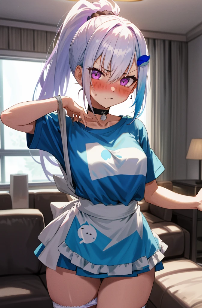 One girl with high ponytail hair, white hair, blue inner hair, purple eyes, looking at viewer, angry, blushing, embarrassed, indoor, living room, t shirts, mini skirt, apron, thigh, slim, dizzy, choker, mid-chest, wide hips, perfect waist, morning atmosphere, hair ornament,standing, lifting up skirt to show panty