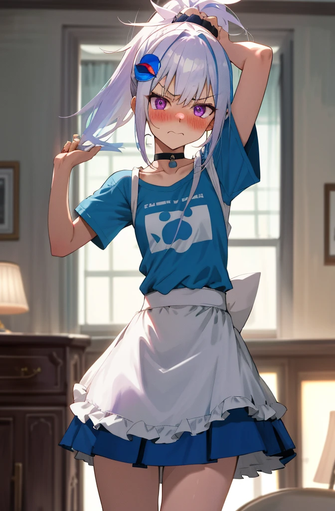 One girl with high ponytail hair, white hair, blue inner hair, purple eyes, looking at viewer, angry, blushing, embarrassed, indoor, living room, t shirts, mini skirt, apron, thigh, slim, dizzy, choker, mid-chest, wide hips, perfect waist, morning atmosphere, hair ornament,standing, lifting up skirt to show panty