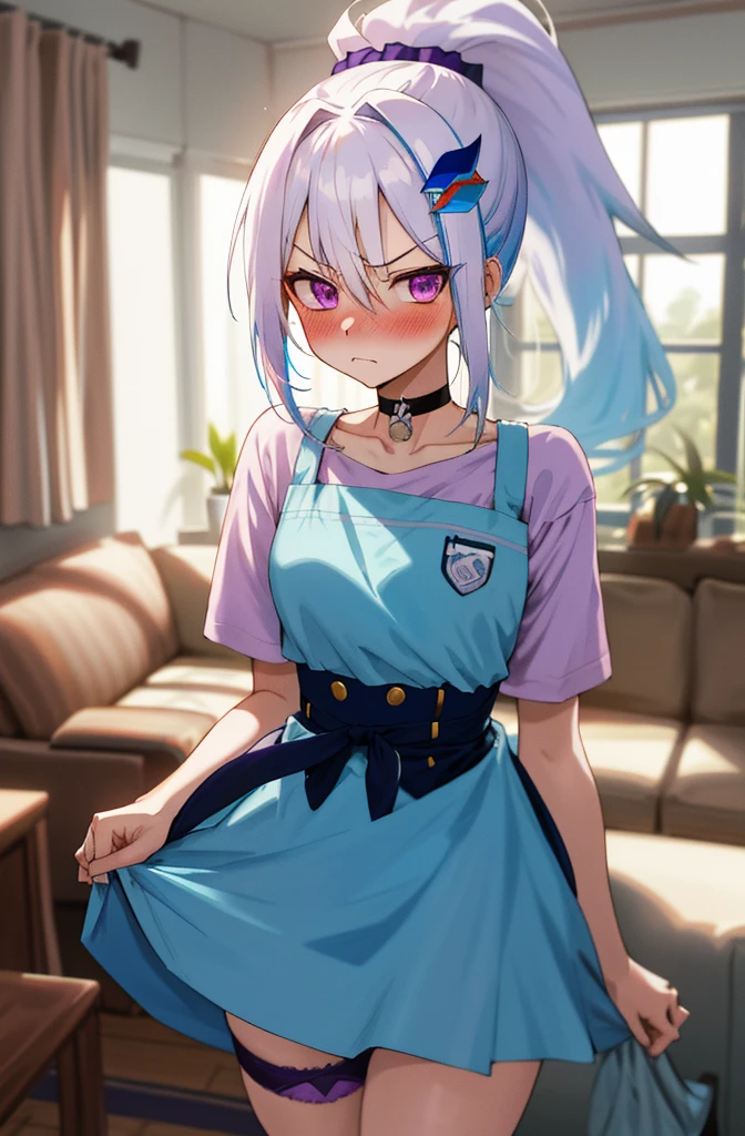 One girl with high ponytail hair, white hair, blue inner hair, purple eyes, looking at viewer, angry, blushing, embarrassed, indoor, living room, t shirts, mini skirt, apron, thigh, slim, dizzy, choker, mid-chest, wide hips, perfect waist, morning atmosphere, hair ornament,standing, lifting up skirt to show panty