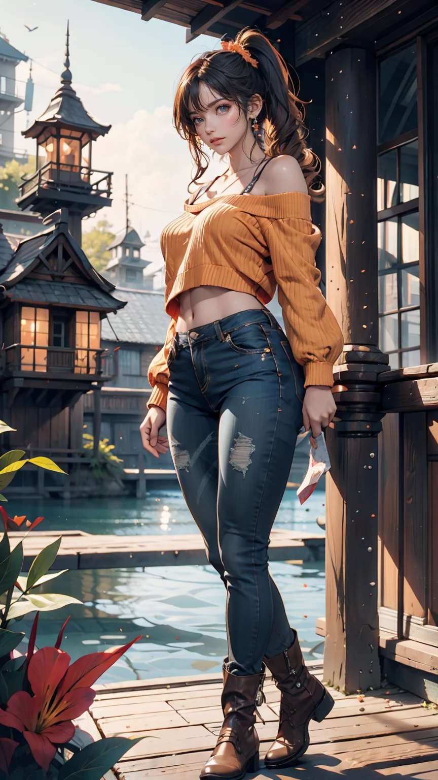 color (Fantasy: 1.2), (hayao miyazaki style), (Irregular Buildings Floating Under the Sea), Patchwork Cottage, Moss decoration, Coral, Light, Concept art inspired by Andreas Rocha, Artstation Contest Winner, Fantasy art, (an underwater city), Ross Tran, Lightシャフト, Realistic lighting, masterpiece, high quality, Beautiful graphics, High detail, masterpiece, high quality, Beautiful graphics, High detail, --v6、24-year-old female、Bleached Hair, Model pose, Delicate skin types, Light curly hair、Hair model photo、Twin tails、Orange gradient color、Scrunchies on the wrist、Sexy proportions、Off-the-shoulder tops、Navel visible、Skinny jeans、short boots