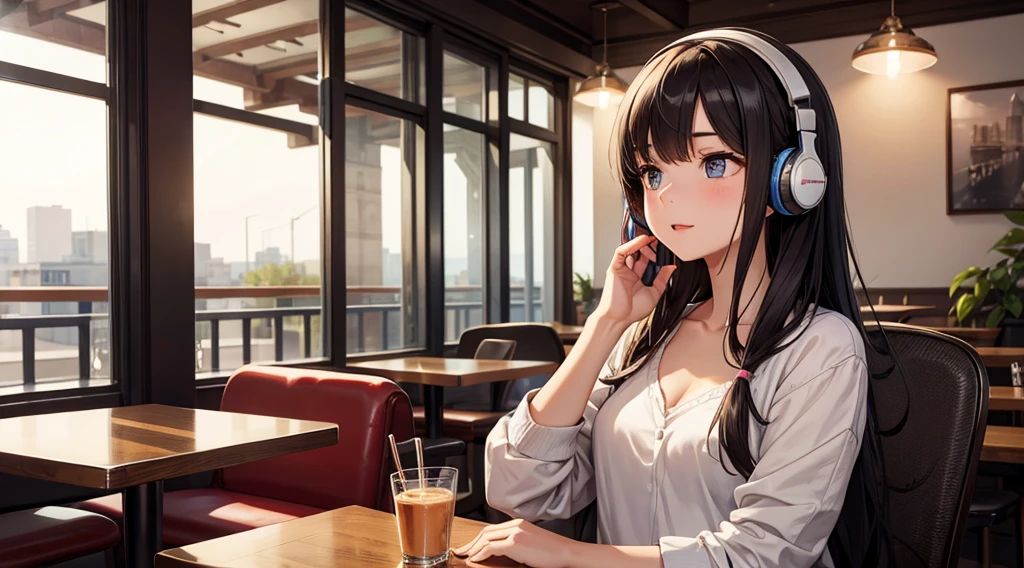 Girl with headphones enjoying music in a cafe I am studying Emphasize a little bit of the chest