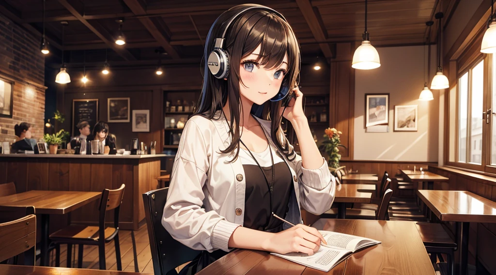 Girl with headphones enjoying music in a cafe　I am studying　Emphasize a little bit of the chest