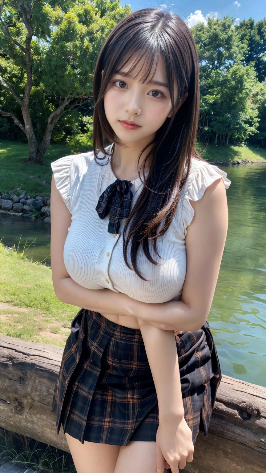 (absurdres:1.3), (highres:1.3), (ultra detailed:1.3),(1girl:1.3), (extremely detailed CG unity 8k wallpaper:1.3), (detailed skin texture, detailed cloth texture, detailed hair texture), (beautiful detailed face, supermodel, pale skin, realistic glistening skin), (RAW photo, best quality), (realistic, photo-realistic:1.4), masterpiece, extremely delicate and beautiful,Amazing, finely detail, extremely detailed CG unity 8k wallpaper, huge filesize, ultra-detailed, highres, absurdres, soft light,rim light, vibrant details, hotel room, straight hair, large breasts, black hair color, Big Natural Color Lip, (perfect body shape), beautiful legs, 20 years old, Beauty、Well-formed face、Make your eyes even、Large sagging eyes、Beautiful black hair、Has bangedium build、Well-balanced proportions、Arms wrapped around his back, hands tie behind back, Tartan plaid pleated skirt、Blue Short Sleeve Blouse、Beautiful scenery、(front view:1.3), Leaning against a large tree on the shore of a beautiful lake、