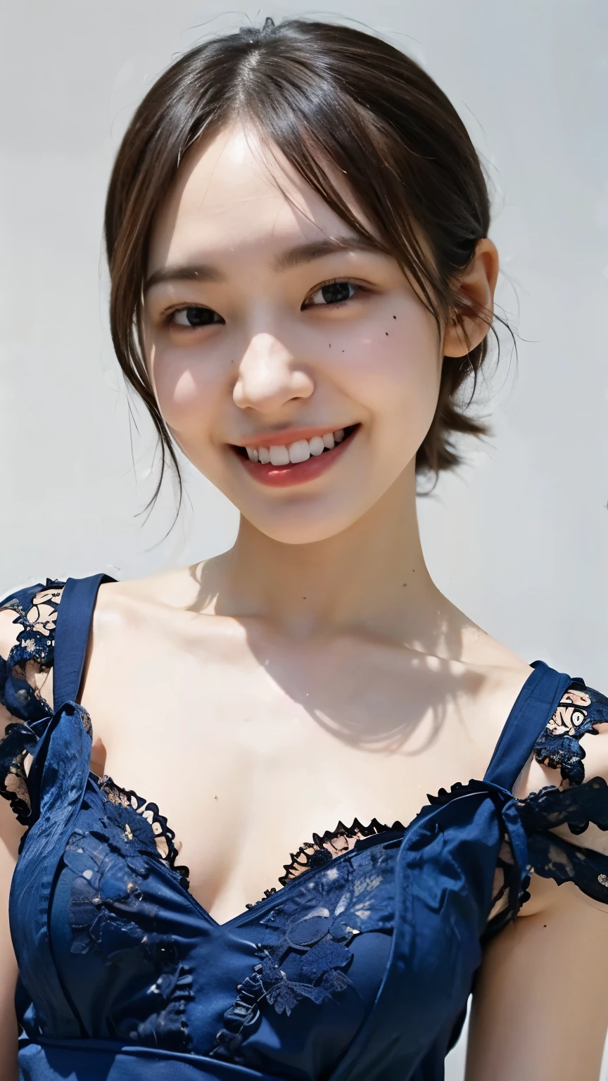 (8K、RAW Photos、Highest quality、masterpiece:1.2)、((Smiling with teeth showing、Thin your eyebrows、Thin your eyebrows、Make your pupils smaller:1.5))、((lower nose、Nasolabial folds:1.2))、((Flat Chest、underwear、Short Hair、bangs))、(Realistic、Realistic)、1 Girl、cute