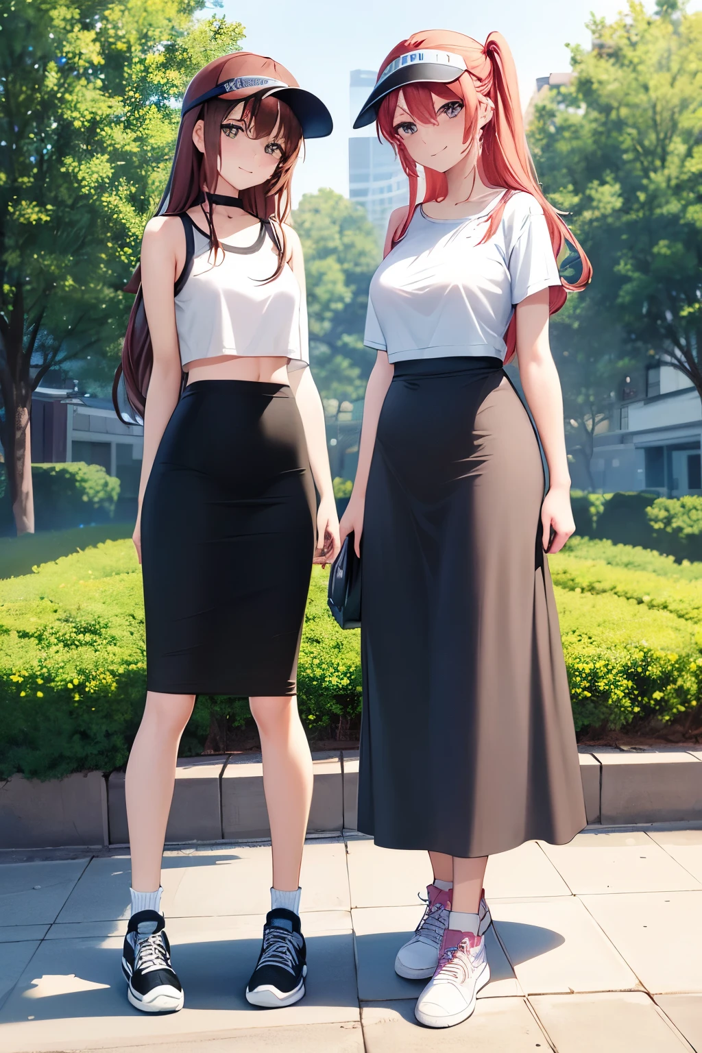best quality, 2girl, two women walking together, wearing t-shirt and crop top, black midi pencil skirt, long skirt, sneakers, socks, outdoors, garden, summer, long hair, looking at viewer, full body, smile, blush, visor
