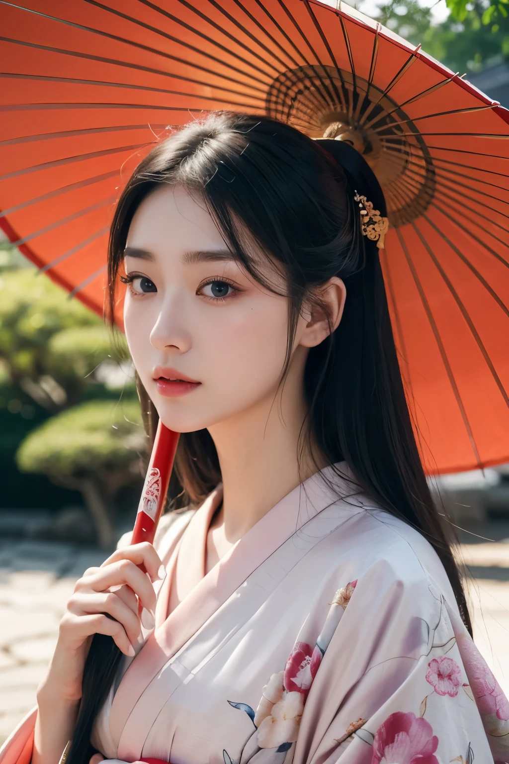 masterpiece, close up, A hyper-realistic masterpiece featuring a very beautiful, elegant woman wearing traditional Japanese clothing. Hyperdetailed face, She holds a colorful umbrella and walks into a palace. The scene is inspired by ancient Japanese beauties and princesses, with a harmonious blend of traditional Japanese art. The image is of the highest quality, ultra-high definition (UHD), and captures the essence of Japan’s Emperor’s dynasty, UHD, best resolution, portrait, 28K.