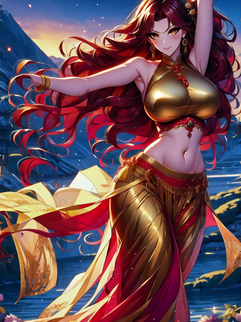 (masterpiece, best quality: 1.2), 1 female, solo, dancing alone, Xian Mei, beautiful golden eyes, detailed eyes, beautiful eyes, long red curly hair, detailed face, beautiful face, jewelry, perfect anatomy, perfect body , traditional belly dance dress , medieval China, sexy, hot, shapely breasts, beautiful breasts, beautiful background, belly dance, dance, beautiful dance, mountains in the background, sharp picture, clear picture, HD resolution, quality,