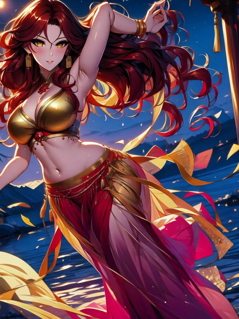 (masterpiece, best quality: 1.2), 1 female, solo, dancing alone, Xian Mei, beautiful golden eyes, detailed eyes, beautiful eyes, long red curly hair, detailed face, beautiful face, jewelry, perfect anatomy, perfect body , traditional belly dance dress , medieval China, sexy, hot, shapely breasts, beautiful breasts, beautiful background, belly dance, dance, beautiful dance, mountains in the background, sharp picture, clear picture, HD resolution, quality,
