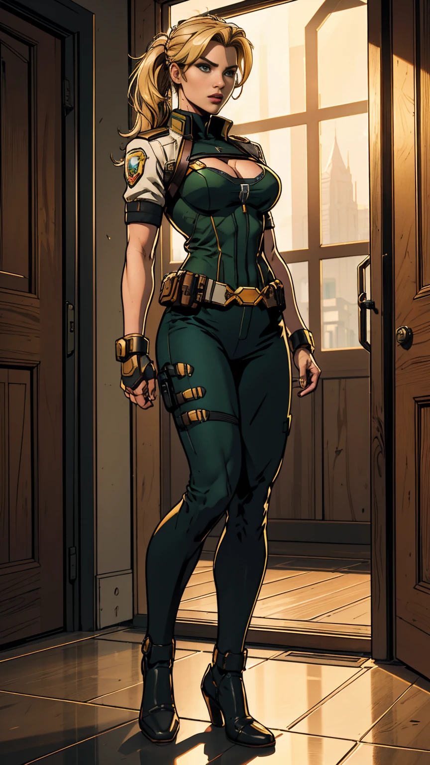 ((Full body photo, standing, feet on the ground)) Best quality, Masterpiece, eyes reflection, Best quality, Masterpiece, The Eye of Mercy Reflex, Alone, In Starkta, Perfect body, Blonde, Overwatch mercy style hairstyle, OW uniform, Green eyes, Two arms, Hold your signature weapon, Low-cut uniform, utility belt, Alone, Command Room, 8K, Masterpiece, A high resolution, absurderes, natural volumetric lighting and best shadows, Deep depth of field, Sharp focus, Naughty face, Super delicious, Medium breasts