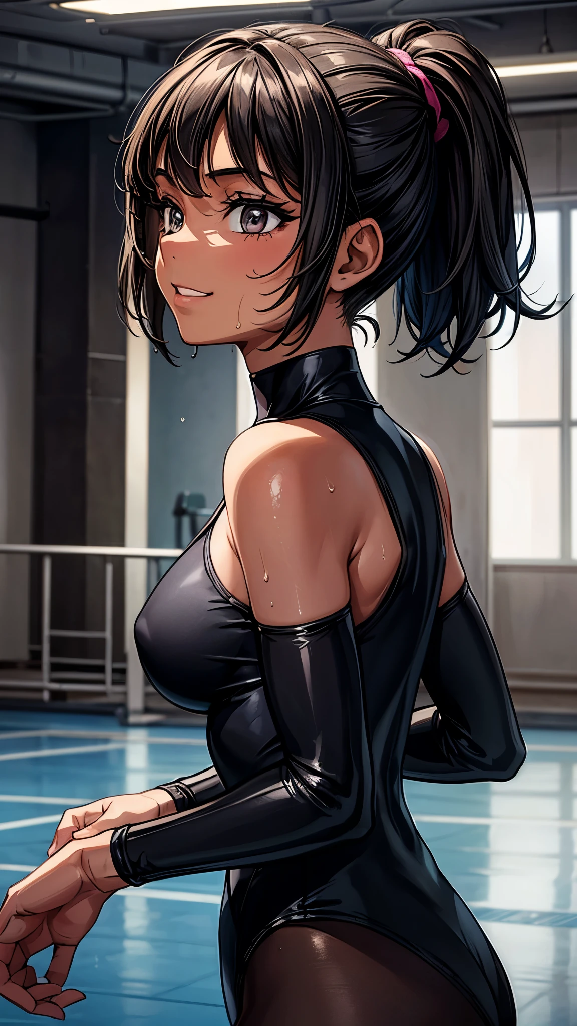 ((Looking away2.0,from side)),Inside the sports gym,inside the dance studio,((face close up1.8)),One  girl,sweat,(dark skin color),short black hair,seductive smile,high-neck-leotard,bodysuit.