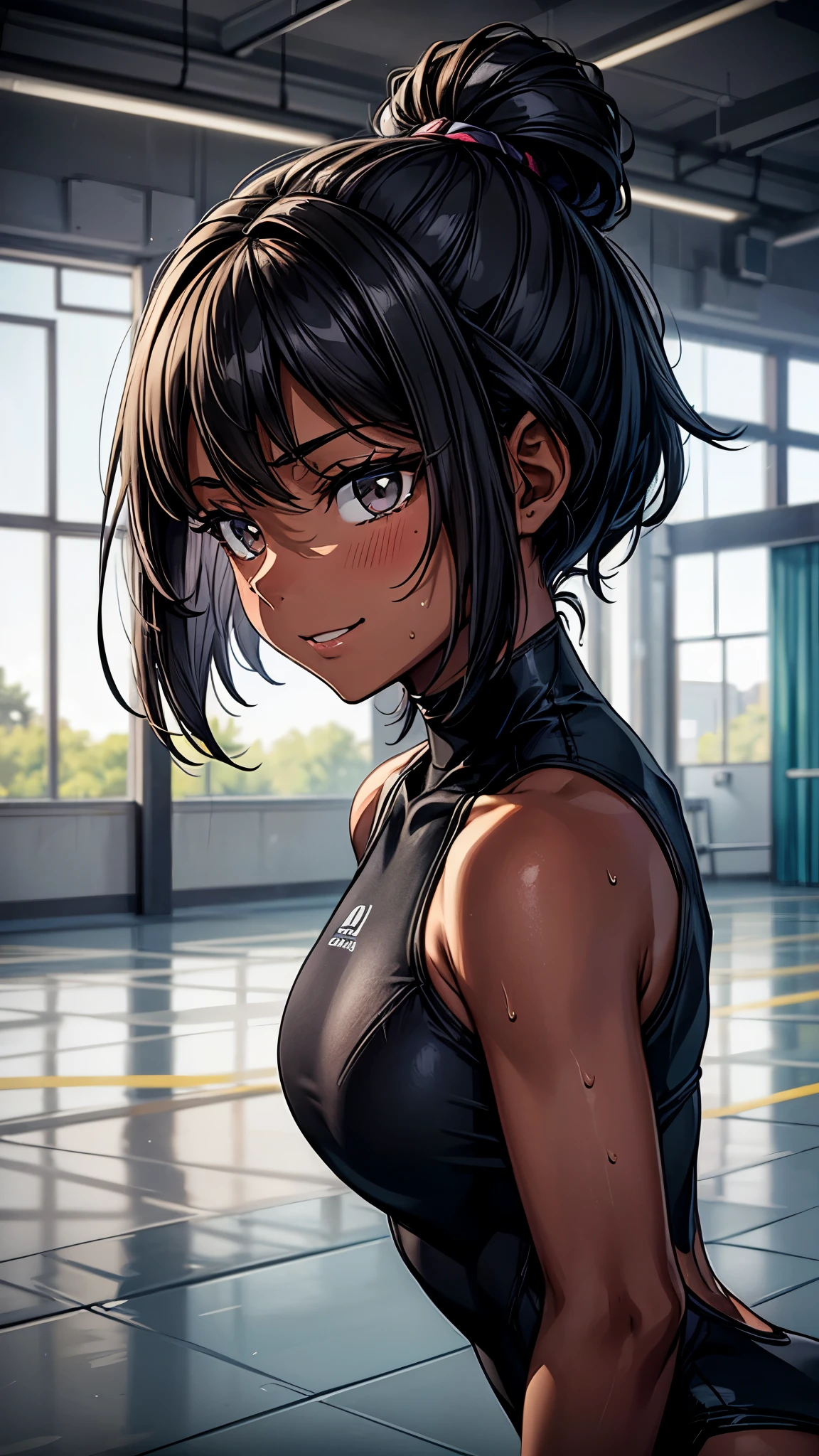 ((Looking away2.0,from side)),Inside the sports gym,inside the dance studio,((face close up1.8)),One 16 years old girl,sweat,(dark skin color),short black hair,seductive smile,high-neck-leotard,bodysuit.