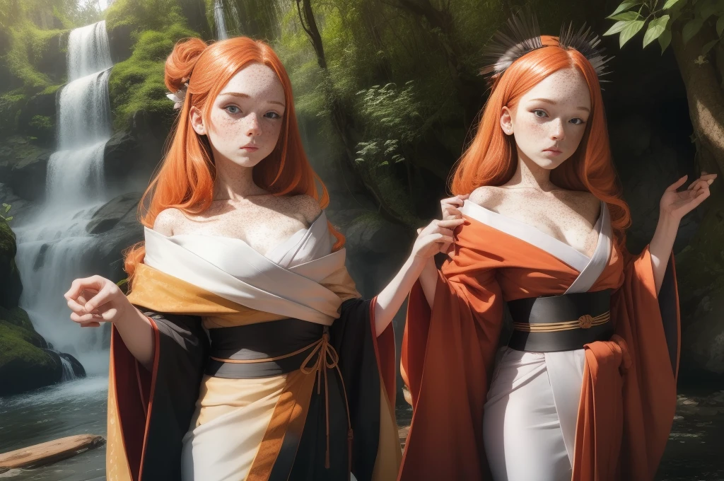 ((1girl)), 18 years old princess, striking figure, long ginger hair, wavy hairs, fair skin, (((freckles))), ((kolito)), innocent and regal appearance, expressive eyes are filled with a mix of curiosity and determination, her slender frame, elegant grace, vibrant orange kimono with white and black decorations, ornata kimono, very long sleeves feather headdress, in a forest, waterfall