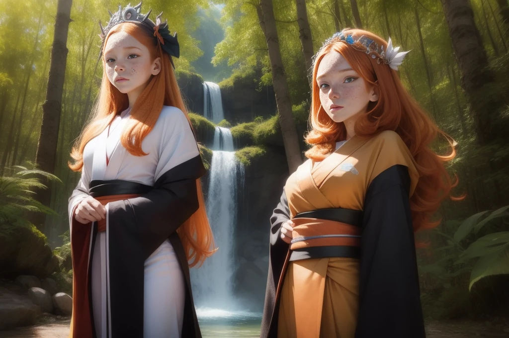 ((1girl)), 18 years old princess, striking figure, long ginger hair, wavy hairs, fair skin, (((freckles))), ((kolito)), innocent and regal appearance, expressive eyes are filled with a mix of curiosity and determination, her slender frame, elegant grace, vibrant orange kimono with white and black decorations, ornata kimono, very long sleeves feather headdress, in a forest, waterfall