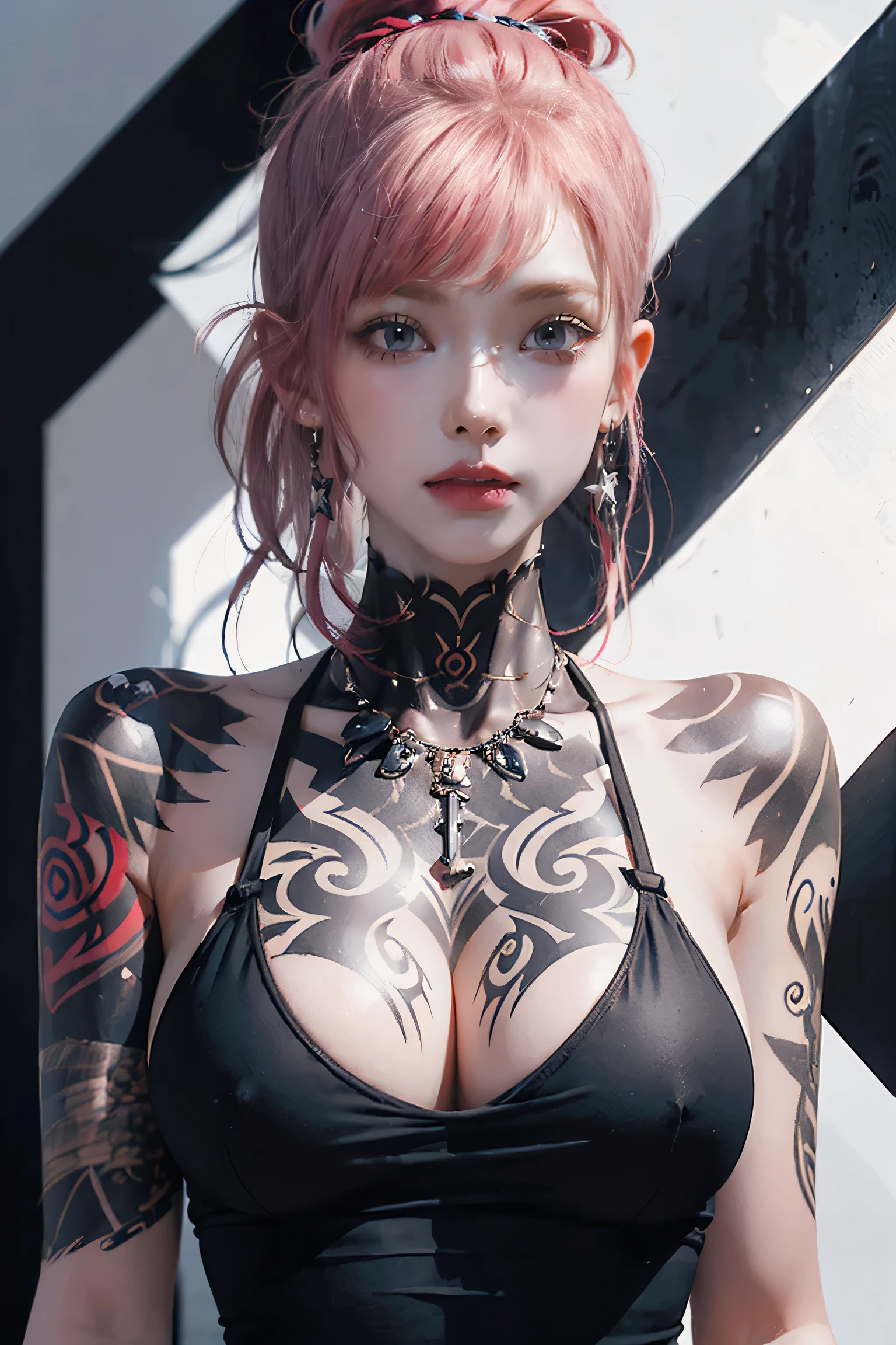 Pink Hair, Perfect Style, Beautiful Face, Highly detailed face and skin texture, (Maximum resolution: 1.2), 1 female, alone, Hip Up, jewelry, (((She has many tattoos all over her body)), Streetwear, I&#39;Exercising at the gym, Pink Hair, Shorts, Sports boots, (((Tight waist))), ((Big Breasts)),NSFW