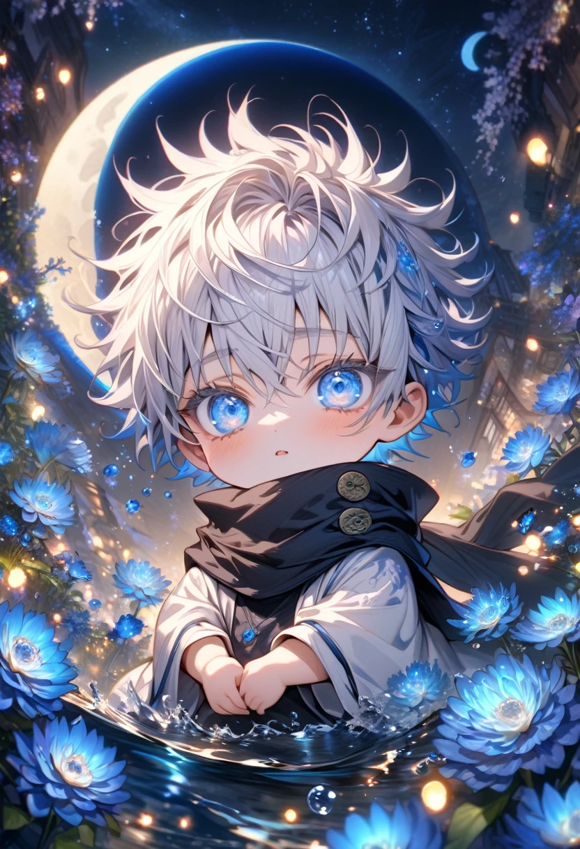 absurdres, highres, ultra detailed, HDR, master piece, best quality, extremely detailed, Gojou Satoru chibi, white hair, expressive blue eyes, white eyelashes, Jujutsu Kaisen, solo, boy, cute, black scarf, white haori, black T-shirt, fantasy, water, sparkling, blue glittering fireflies, blue moon, blue blossoms, blue chrysanthemums, blue sparkling lights, starry sky