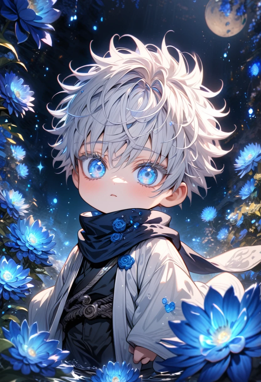 absurdres, highres, ultra detailed, HDR, master piece, best quality, extremely detailed, Gojou Satoru chibi, white hair, expressive blue eyes, white eyelashes, Jujutsu Kaisen, solo, boy, cute, black scarf, white haori, black T-shirt, fantasy, water, sparkling, blue glittering fireflies, blue moon, blue blossoms, blue chrysanthemums, blue sparkling lights, starry sky