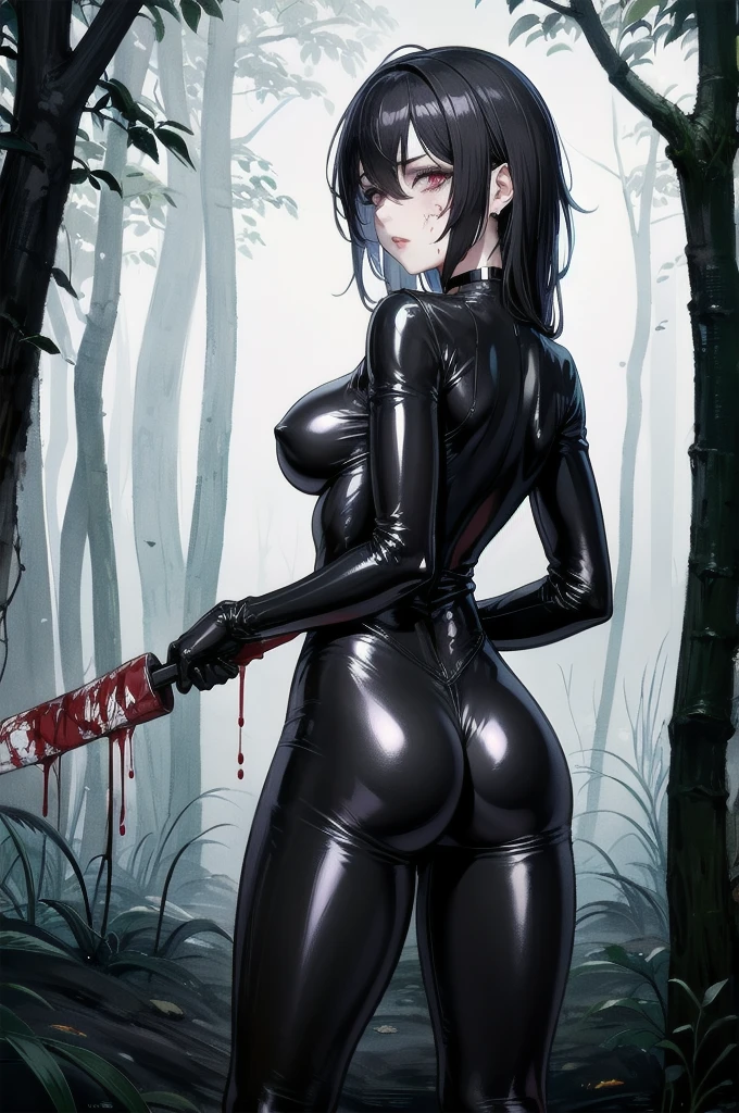 ((blood droplets)), ((blood)), ((blood splatter)), ((blood on clothes)) ((blood stain)), Masterpiece, Beautiful art, professional artist, 8k, shy expression, very detailed face,1 girl, view from behind, perfect ass, standing, BIG BREASTS, perfectly drawn body, pale skin, shy expression, beautiful face, long black hair, 4k eyes, very detailed eyes, pink cheeks, choker:1.6, (shiny black tight bodysuit), holds an ax with his right hand, Sensual Lips, show details in the eyes, dark forest, Atmosphere, fog, At night