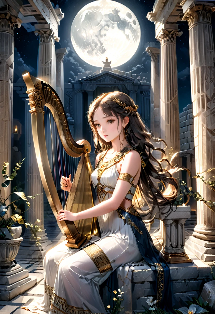 a young priestess, sitting, she places a harp larger than herself in front of him and plays it, playing a large lyre, ancient Greek temple, late at night, inside the temple it is (dark:1.3) and there is (no lighting:1.2), the moonlight shines in at an angle, shining a faint light on her., highly detailed, photorealistic, realistic lighting, intricate architecture, ornate decorations, cool color palette, golden accents, soft fabric textures, mesmerizing expression, elegant pose, cinematic composition, natural lighting, realistic shadows, mystical atmosphere, hyperrealistic, award-winning art