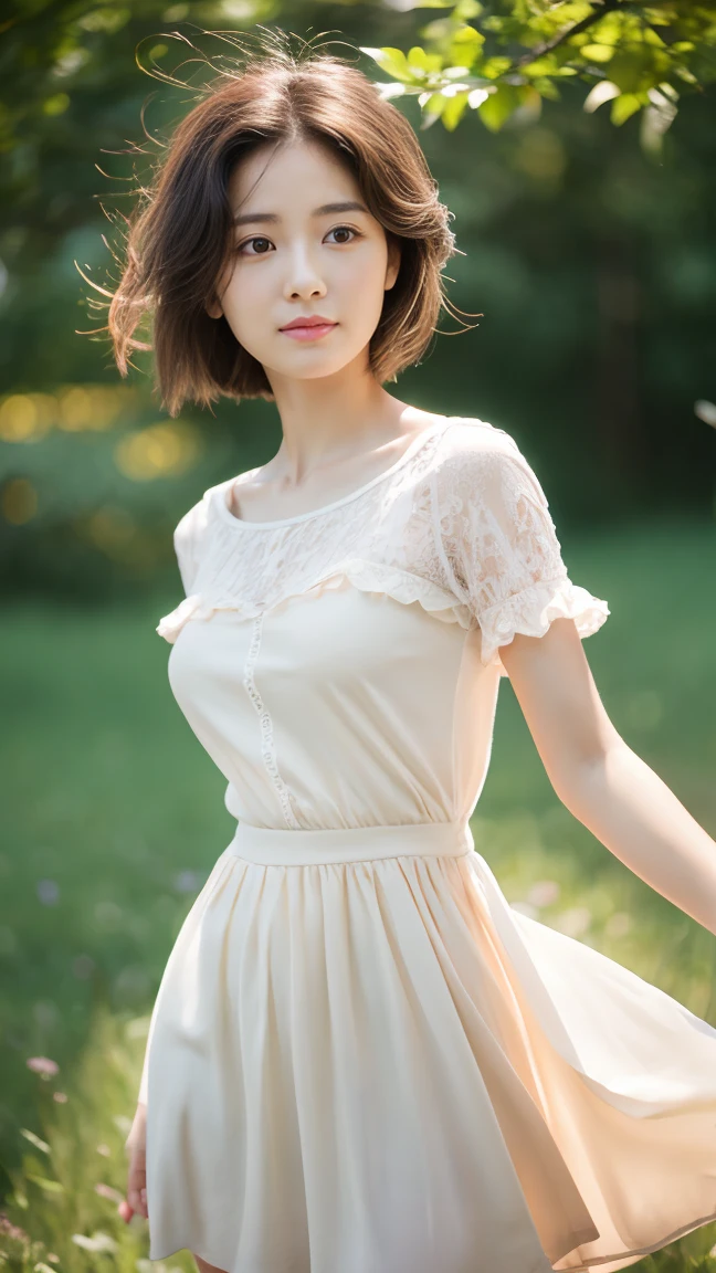 masterpiece,best quality,ultra detailed,highres,high-resolution,4K,realistic,RAW photo,((real person)),portrait photography,photorealistic,detailed skin,(delicate black eyes ), A soothing woman with sagging eyes,Calm and calm, middle hair,skinny,clothing,The wind is blowing,tareme、petticoat、Beautiful legs、white、beige、pastel colour
