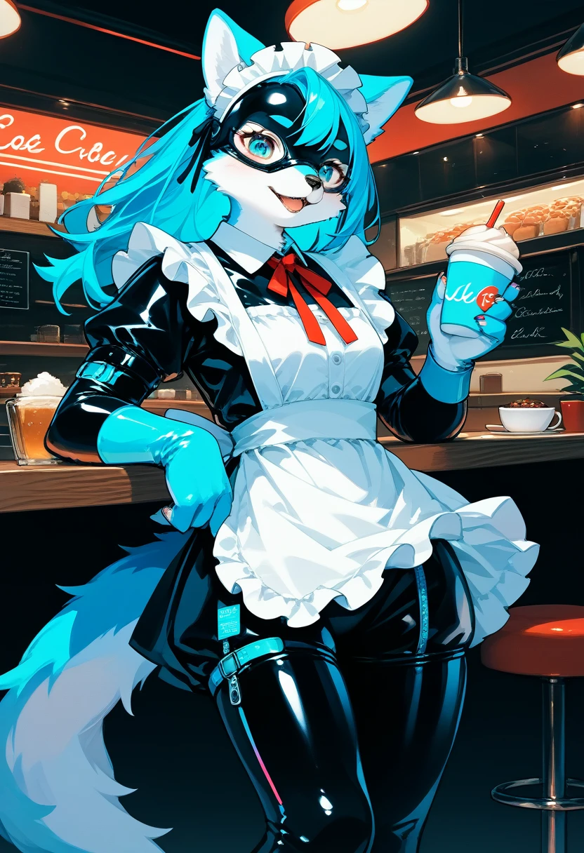 Highest quality, Highest quality, High quality illustrations, masterpiece, Ultra-high resolution, Detailed Background, Cafe, Absurd, Perfect Anatomy, performance, Good lighting, Shadows in the movies(kemono, Furry Personifi猫ion), Blueskin, Rubber suit, Rubber suit, latex, neon, neonライト, neonカラー, Rubber maid outfit, ribbon, Rubber mask