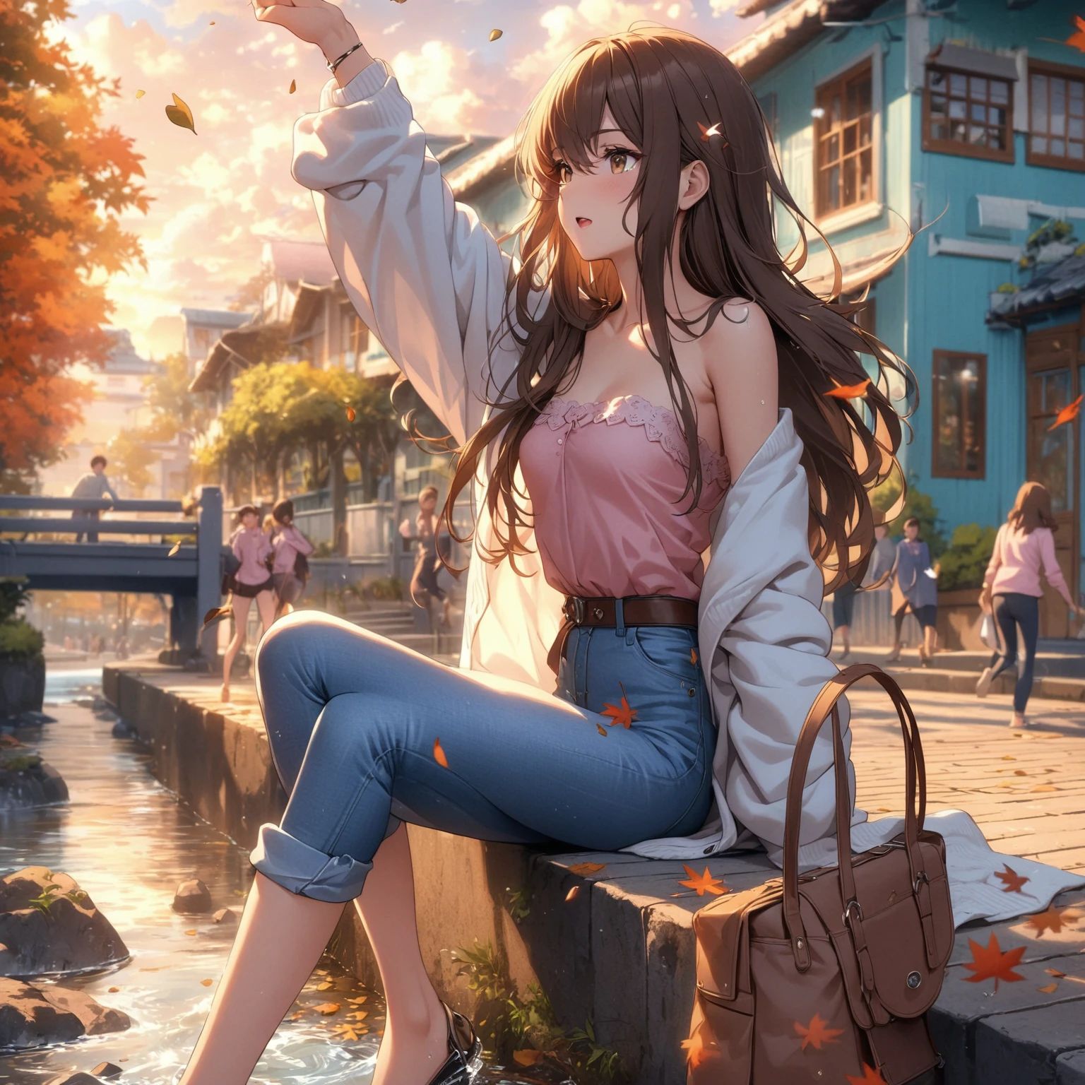 Best quality, masterpiece, young woman sitting on bench and throwing rocks at water, with very long brown hair swept bangs and brown eyes, strapless pink shirt, white cardigan, rolled up jeans, satchel, small breasts, thin, toned arms, creek, outdoors, autumn, sunrise, tropical, clouds,teal buildings, white steps, fence, road, people in background, falling leaves, 