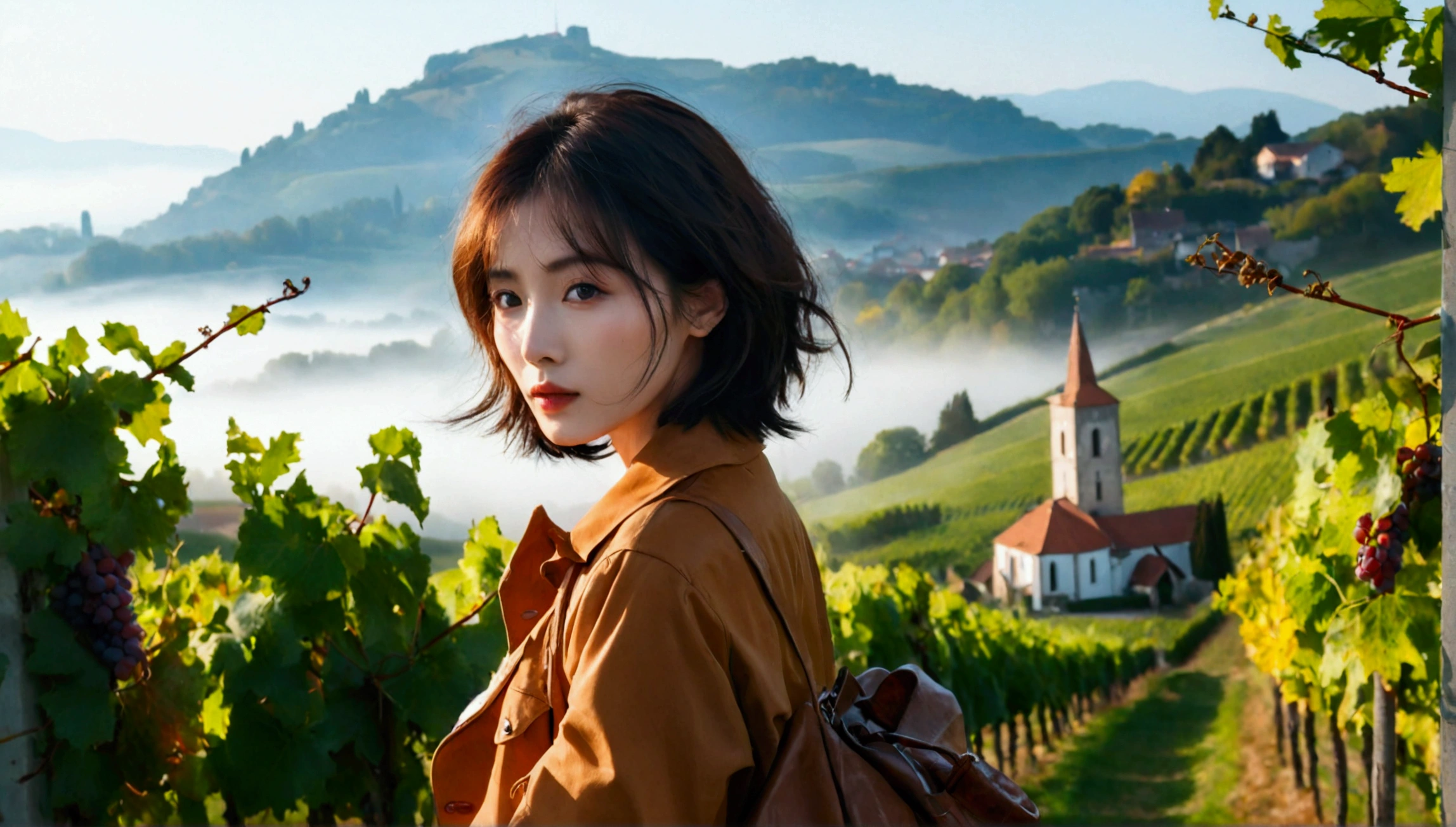 Woman in a beautiful landscape 8K highest quality, Beautiful 36-year-old Korean woman, Chest size 34 inches, Passing through the vineyards in the Swiss countryside, the cathedral is visible through the early morning fog., The back background is realistic and vivid image quality, short medium hair, Casual and British - (summer jacket) ,Perfect and realistic photos, The background is realistic. Full body shot with Canon camera 16-35 wide angle lens, expressionless, Walking up a vineyard hill covered in thick fog., Walking towards the front camera