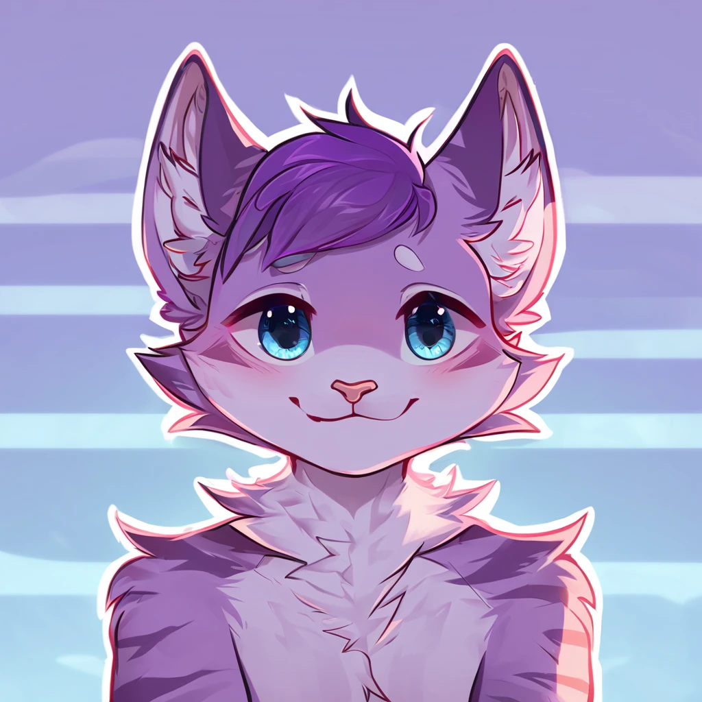 adult, feline, mammal, anthro, anthropomorphic, cat, striped, fur, striped_feline, fur, male, light_purple_fur, purple_hair, fluffy, white_chest, shy, small_pupils, digital_art, high_resolution, high_res, detailed, hand-drawn, pencil_lines, head_visible, background, neck_visible, seductive_face, detailed_line_work, profile_picture, head_visible, neptune_background, purple_background, cute, white, posing, finger_paws, dream_pose, headshot, head_only, small_pupils, seductive_face, tufts, paws, chest, glossy_fur, vibrant_colors, expressive_eyes, elegant_pose, high_quality