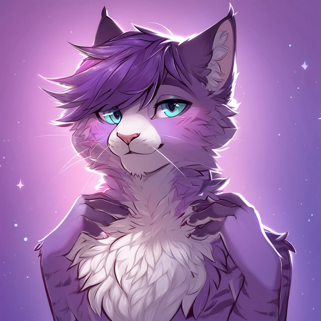 adult, feline, mammal, anthro, anthropomorphic, cat, striped, fur, striped_feline, fur, male, light_purple_fur, purple_hair, fluffy, white_chest, shy, small_pupils, digital_art, high_resolution, high_res, detailed, hand-drawn, pencil_lines, head_visible, background, neck_visible, seductive_face, detailed_line_work, profile_picture, head_visible, neptune_background, purple_background, cute, white, posing, finger_paws, dream_pose, headshot, head_only, small_pupils, seductive_face, tufts, paws, chest, glossy_fur, vibrant_colors, expressive_eyes, elegant_pose, high_quality