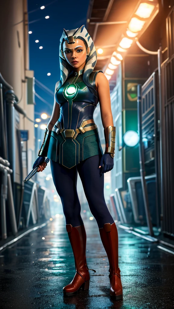 masterpiece, best quality, 1girl, black hair, blue eyes, green lantern costume, white gloves, cityscape background 