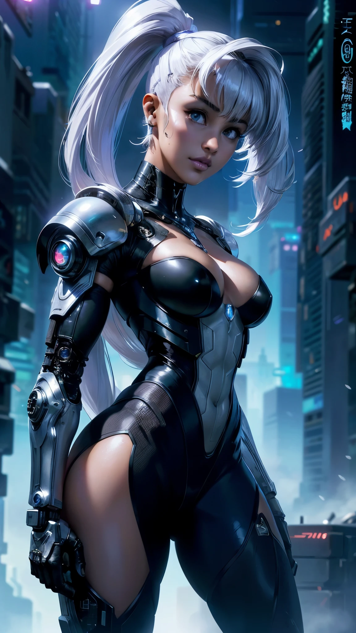 (The best quality,A high resolution,ultra - detailed,actual),Ariana Grande cyborg white plastic transparent mechanical,(Cabello white canoso :1.4), cyber girl with a gun in a futuristic setting, cyberpunk 2.0 and. o model girl, cyberpunk beautiful girl, female cyberpunk anime girl, Cyberpunk Girl, cyberpunk anime girl, dreamy cyberpunk girl, digital cyberpunk anime art, cyberpunk art ultrarealistic 8k, Cyberpunk art style, cyberpunk themed art, cyberpunk judy alvarez, in cyberpunk style, beautiful cyberpunk woman model, (Ariana Grande :1.4), (Ariana Grande :V2.1), (perfect anatomy :1.4), (cinematic lighting :1.4),( pose vaquero), Epic Fantasy Art Style HD, 4K fantasy art, epic fantasy digital art style, epic fantasy art style, Fantasy Woman, epic fantasy art portrait, Epic fantasy style, hyperrealistic fantasy art, hd fantasy art, Epic fantasy character art, epic fantasy art, in style of dark fantasy art, epic fantasy digital arts, (cyborg white mecánico plastic transparent :1.4)