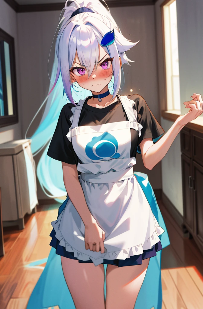One girl with high ponytail hair, white hair, blue inner hair, purple eyes, looking at viewer, angry, blushing, embarrassed, indoor, living room, t shirts, mini skirt, apron, thigh, slim, dizzy, choker, mid-chest, wide hips, perfect waist, morning atmosphere, hair ornament,standing, pulling panty down thighs