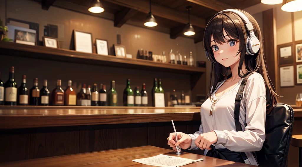 Girl with headphones enjoying music in a cafe I am studying Emphasize a little bit of the chest 飲み物をストローで飲んでいる