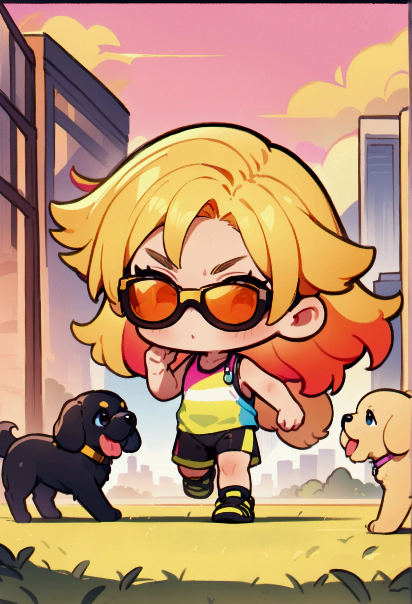 chibi style, best quality, masterpiece, 8K, HD, young man, wearing neon colored sports tank top and tight booty shorts, wearing sunglasses, chaotically chasing after a black puppy and a golden retriever puppy in front of him, in a park, modern city in the background, front view, full body, zoomed out, vibrant colors, highly detailed