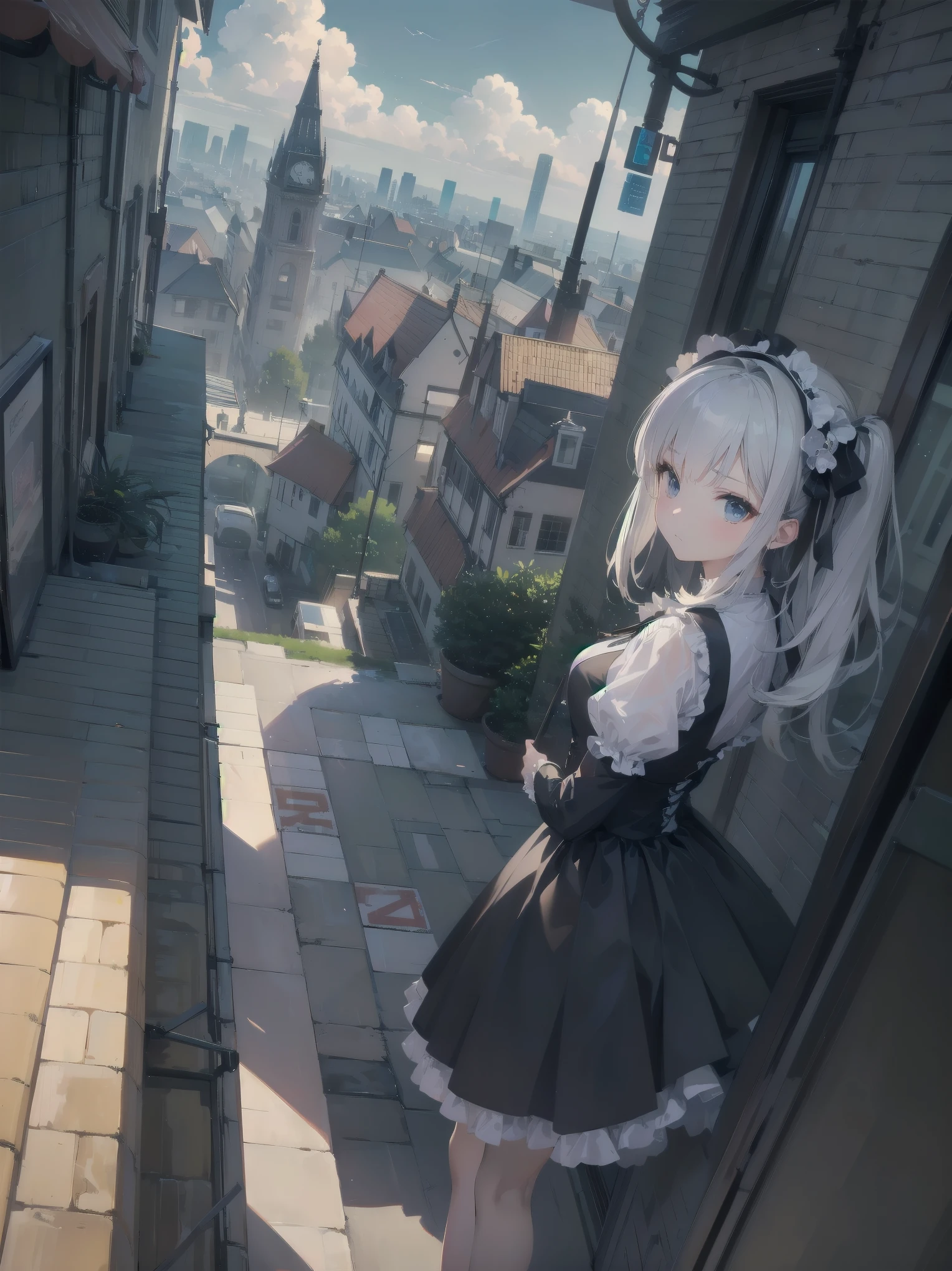 masterpiece、so beautiful、Clear contours、Cute pose of a lolita aristocrat、(building, city, cloudy null, Dutch Angle, From the side, Slight frown, View your viewers, Outdoor, rooftop, null, nullscraper