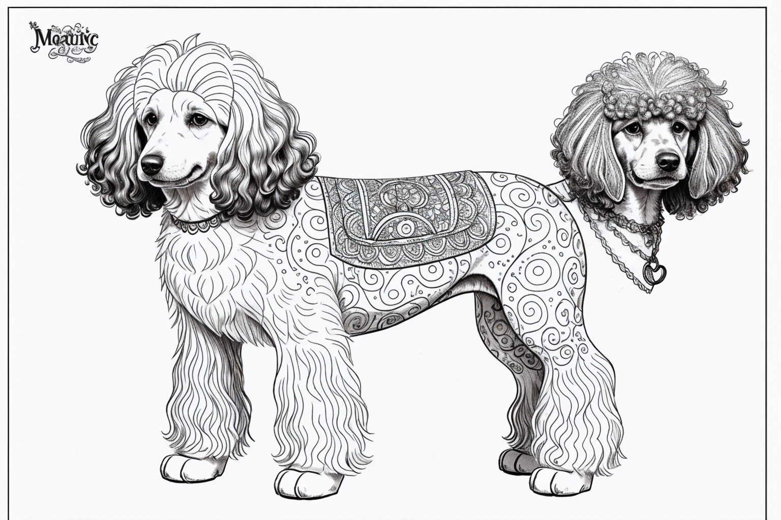 a dog style Poodle Toy, fantasy, magical, mystical, unusual, black and white, wavy lines, realistic line art drawing, coloring book page, no noise, sharp thick lines, contour art, centered image, isolated on a white background