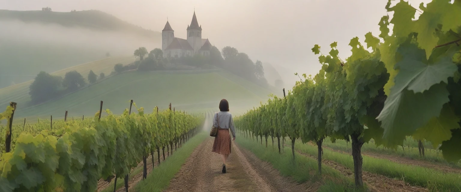 Woman in a beautiful landscape 8K highest quality, Beautiful 36-year-old Korean woman, Chest size 34 inches, Passing through the vineyards in the Swiss countryside, the cathedral is visible through the early morning fog., The back background is realistic and vivid image quality, short medium hair, Casual and British - (summer jacket) ,Perfect and realistic photos, The background is realistic. Full body shot with Canon camera 16-35 wide angle lens, expressionless, Walking up a vineyard hill covered in thick fog., Walking towards the front camera
