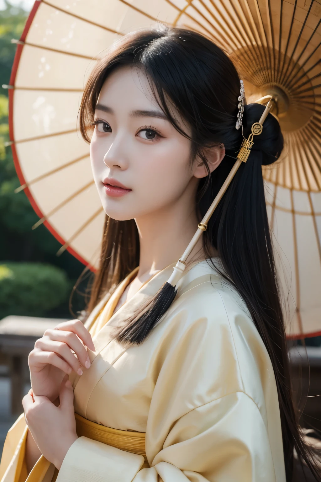 masterpiece, close up, A hyper-realistic masterpiece featuring a very beautiful, elegant woman wearing traditional Japanese clothing. Hyperdetailed face, She holds a colorful umbrella and walks into a palace. The scene is inspired by ancient Japanese beauties and princesses, with a harmonious blend of traditional Japanese art. The image is of the highest quality, ultra-high definition (UHD), and captures the essence of Japan’s Emperor’s dynasty, UHD, best resolution, portrait, 28K.