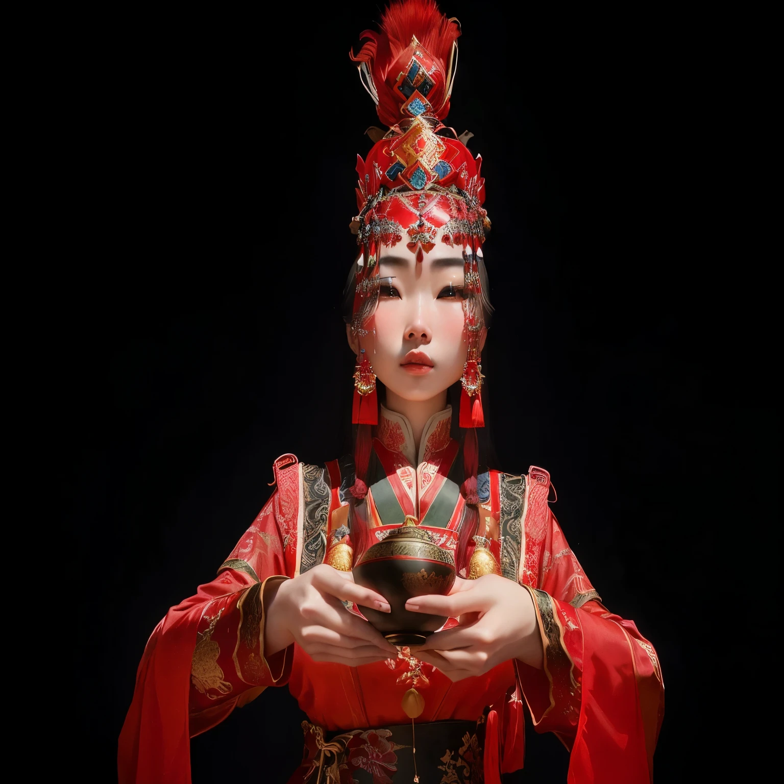 araffe woman in a red dress holding a bowl of food, a young woman as genghis khan, wearing ancient chinese clothes, she is dressed in shaman clothes, chinese woman, palace ， a girl in hanfu, with acient chinese clothes, ancient chinese princess, chinese girl, chinese costume, traditional chinese clothing, chinese empress, ancient china art style