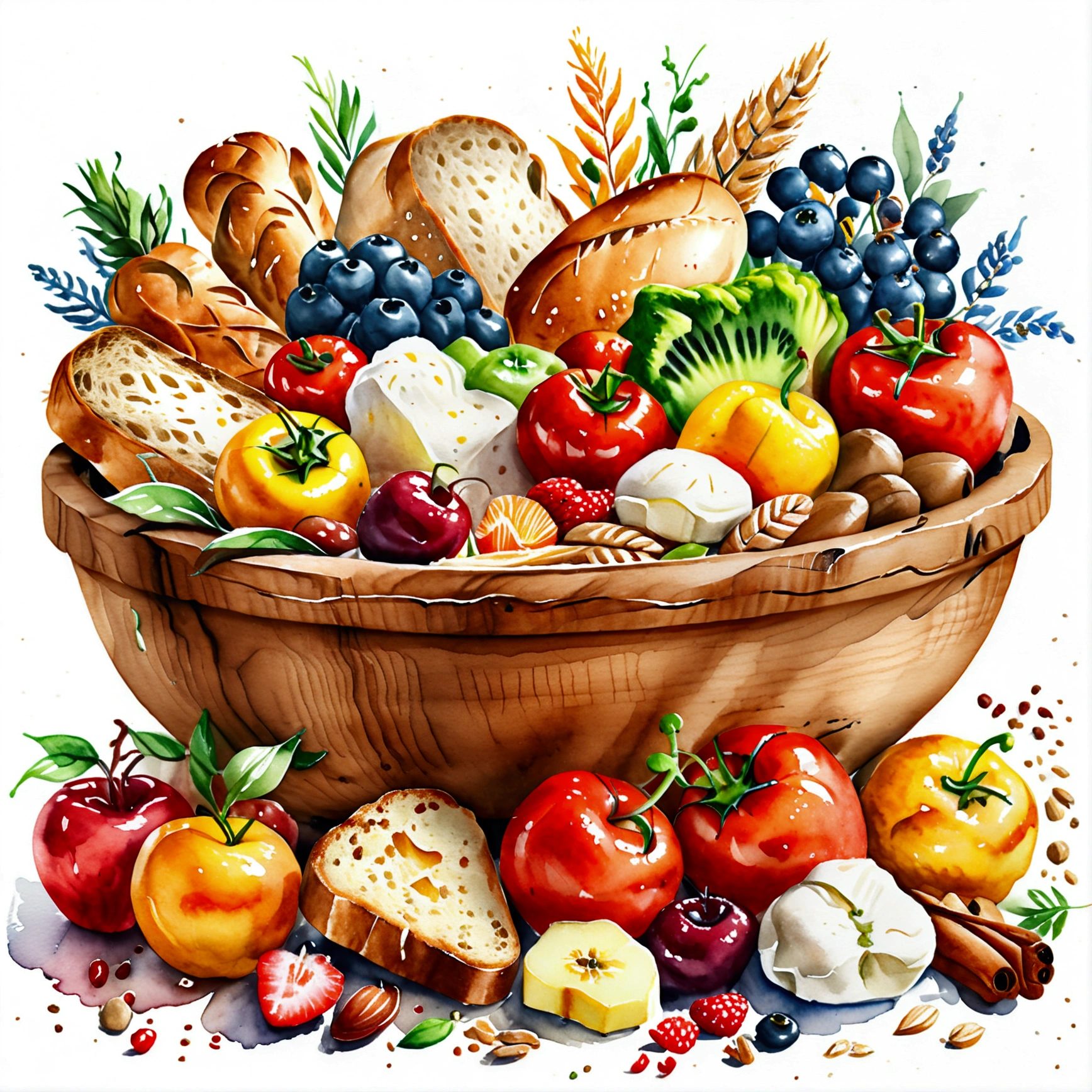 a wooden bowl full of healthy food, illustration, baking ingredients, isolated with solid white background, surrounded with negative space, centered composition, 8k, highest detailed painting, very precise painting, Isolated, clear solid white background, perspective angle of view, cartoon style, ((watercolor:1)), clip art, (lora:add-detail-xl:1), (masterpiece), (best quality), no bread on the floor,