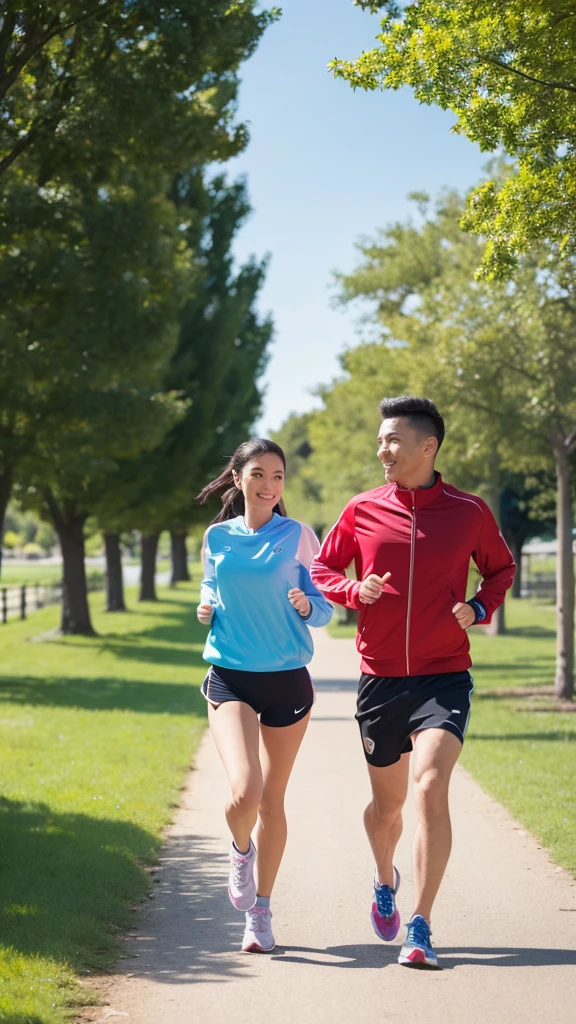 A scene showing two people, a man and a woman, enjoying a shared hobby together. They are jogging side by side on a scenic path in a park, both wearing sporty outfits. The background shows lush green trees and a clear blue sky. Both of them are smiling and looking at each other, clearly enjoying the activity together
