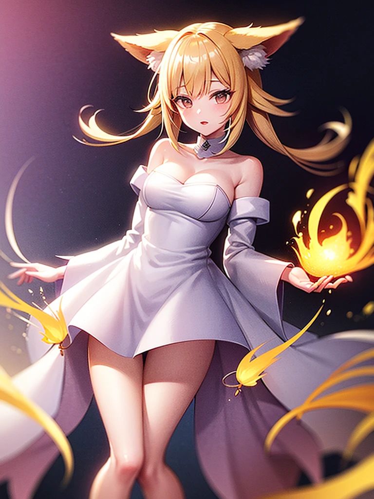 a beautiful white and gold nine-tailed fox, with fire in the background and a dawn