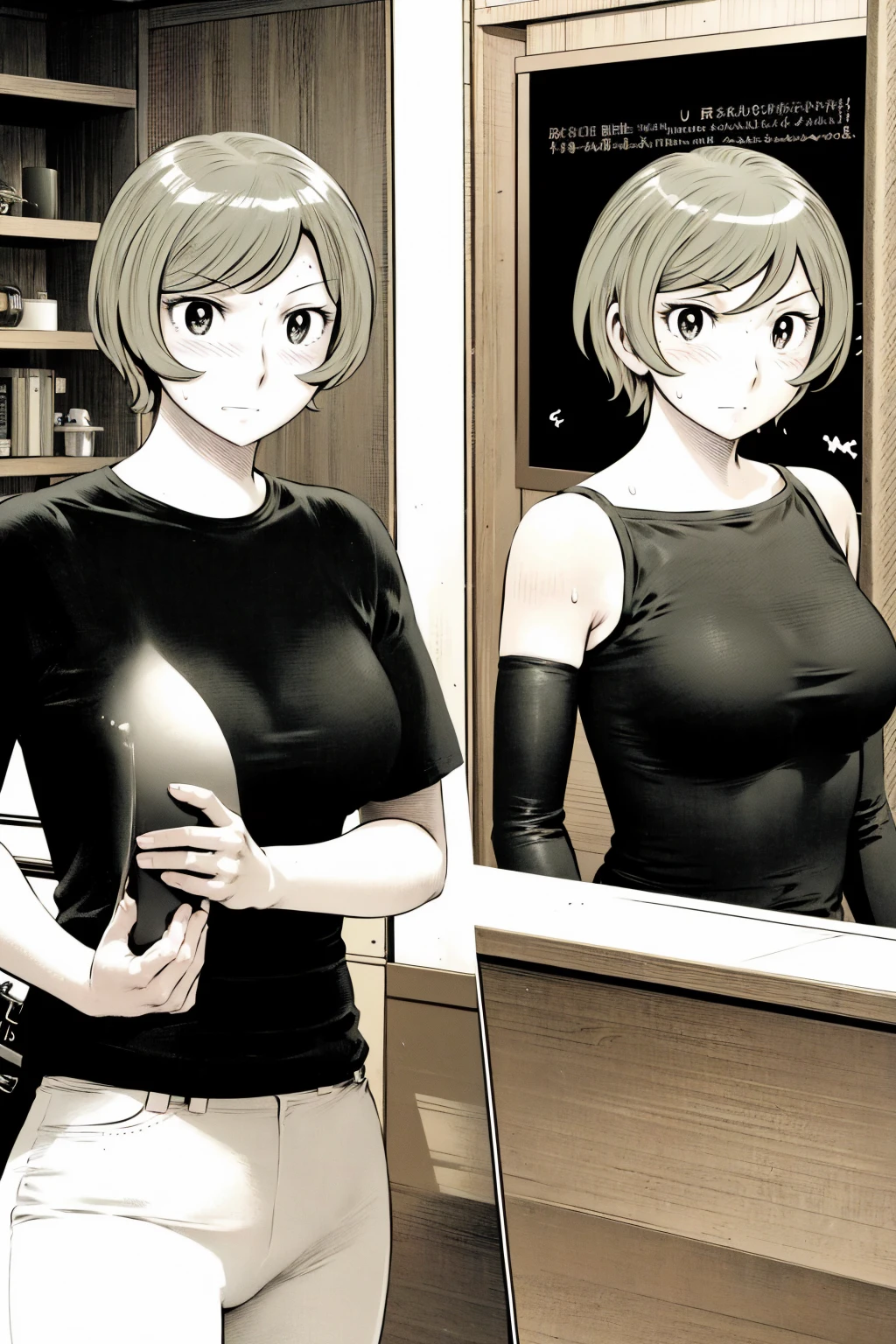 、(masterpiece、Highest quality)、Highest quality, Ultra-high resolution, (((masterpiece))), alone, Sweat、Big eyes,Tight black shirt、Tight white pants、belt、indoor、Composition from the front、(後ろCut your hair short、short hair、blonde、woman)、Shortcuts、Embarrassed face、Cut your hair short、可愛いwomanの子、Big Breasts、office