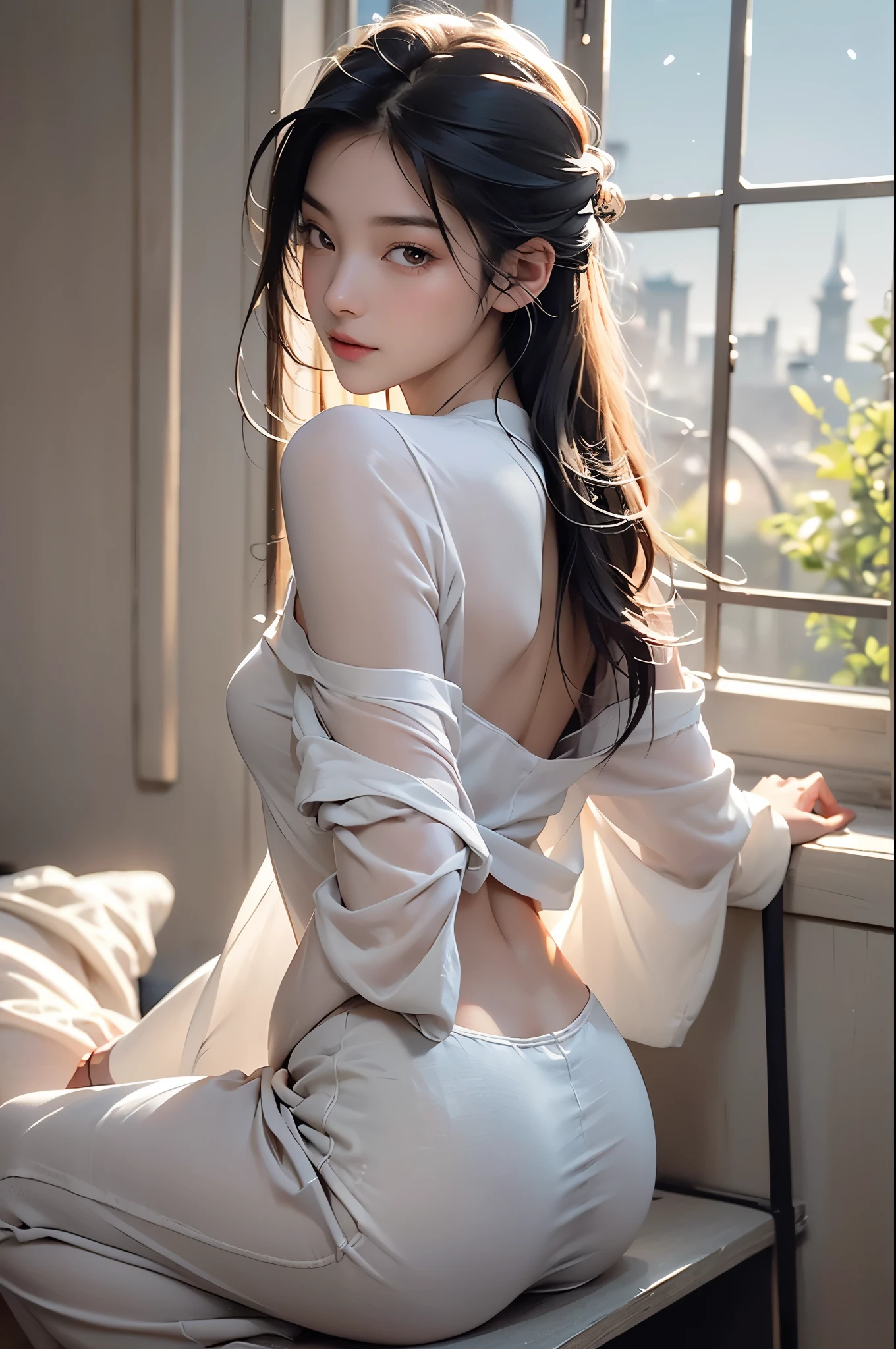 (RAW photos, best quality),(Practical, photo-Practical:1.3),Extremely refined,Astonishing,Fine details,masterpiece,Extremely detailed,high resolution,(Best Illustration Award),(The best shadow),complex, 1 Girl,Asia,Wear transparent pajamas,Off-shoulder,contour,contour,From the back,Long hair,Relax and enjoy some peace and quiet,(Magic Moment:1.4),(Magical Lights:1.4),Already used up,Open clothes, Clear focus,Volumetric Fog,8K Ultra HD,Digital SLR Camera,high quality,(Film Grain:1.4),Fuji XT3,(cool and warm tone impression:1.4),