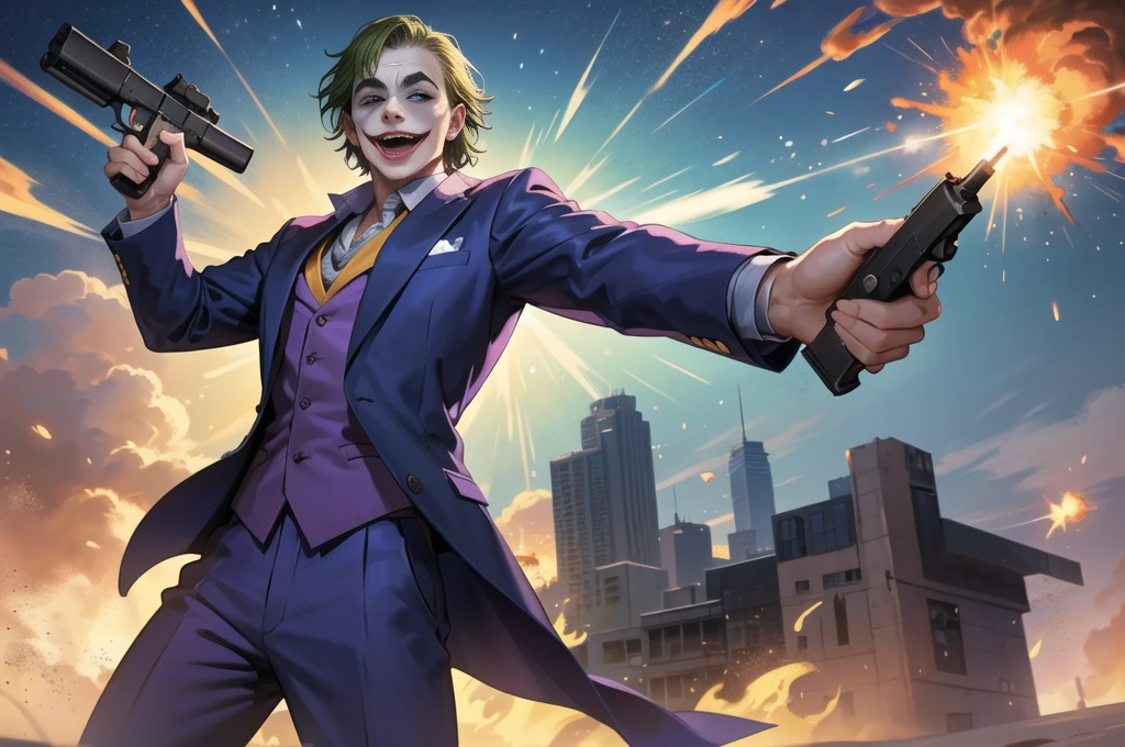 Masterpiece, best quality, The Joker wears a purple suit., , look at viewer, Aim the gun., ถือpistol, look at viewer, stand, , ((pistol)),((Aim the gun.ไปที่ผู้ชม)),gun possession, desert, Laugh and laugh ,explosion from gun