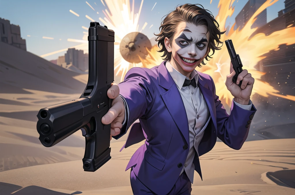 Masterpiece, best quality, The Joker wears a purple suit., , look at viewer, Aim the gun., ถือpistol, look at viewer, stand, , ((pistol)),((Aim the gun.ไปที่ผู้ชม)),gun possession, desert, Laugh and laugh ,explosion from gun