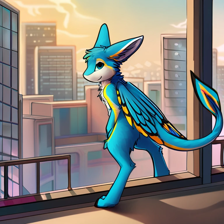 Solo, male, furry art, fursona, Avali, (((Cyan primary fur))), white secondary, (perky ears), cool pose, city background, amazing art, masterfully executed, beautiful background, normal body, paws , avali , wings , feathers , better face, better eyes.